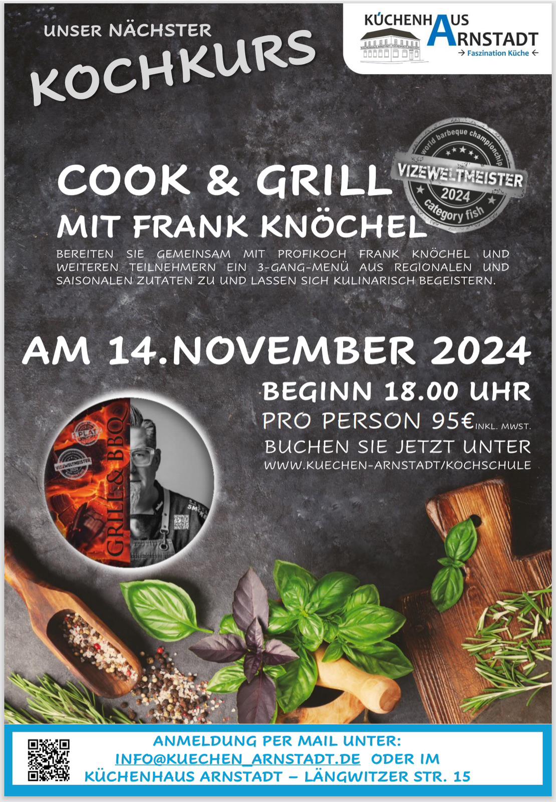 Plakat für den Kochkurs "Cook & Grill mit Frank Knöchel" am 14. November 2024