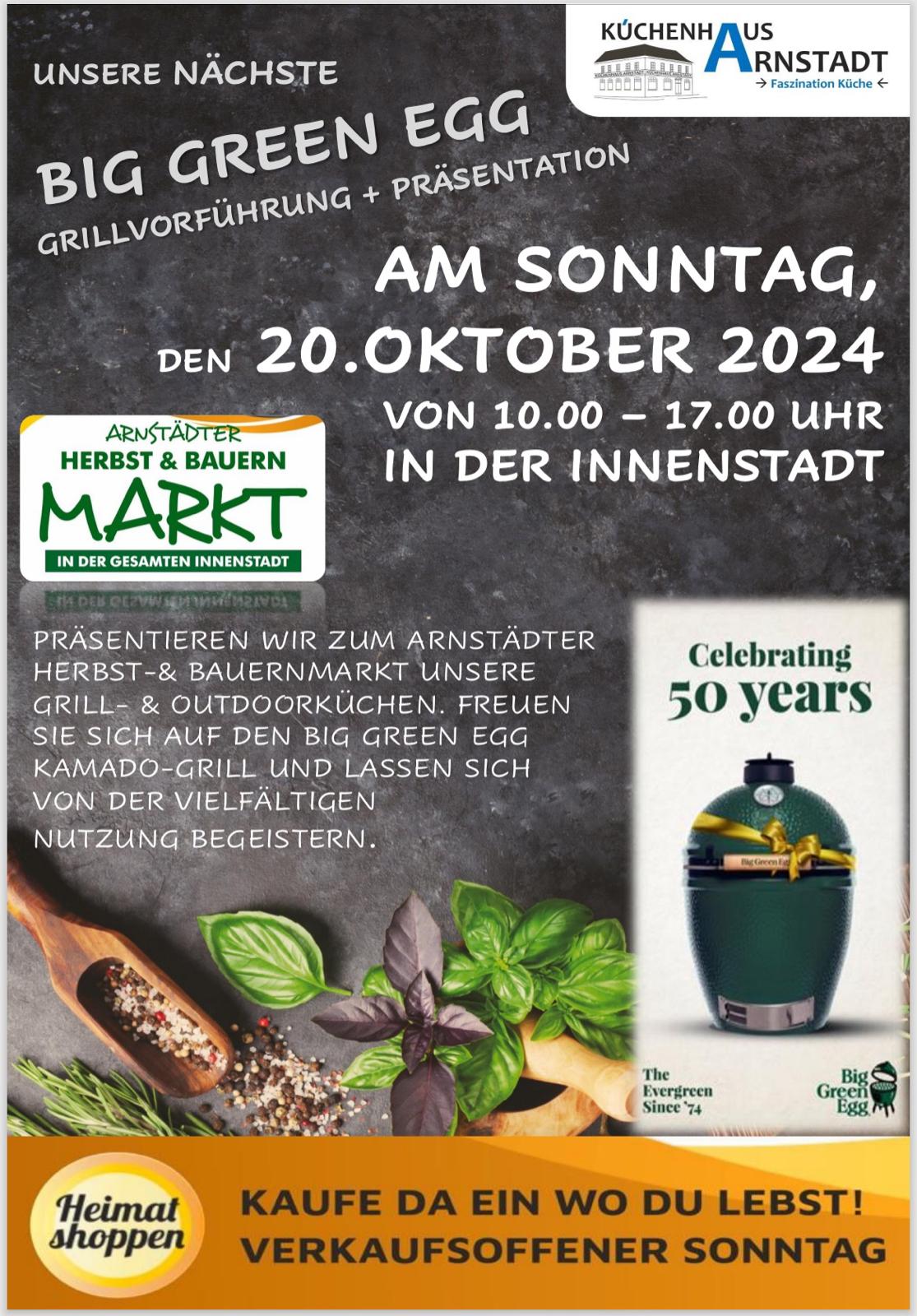 Plakat zur Big Green Egg Grillvorführung am 20. Oktober 2024 in der Arnstädter Innenstadt