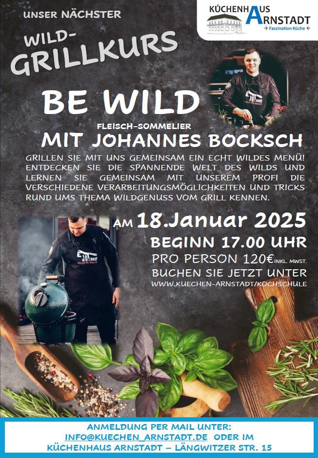 Plakat zur Wild-Grillkurs-Veranstaltung mit Fleisch-Sommelier Johannes Bocksch am 18. Januar 2025