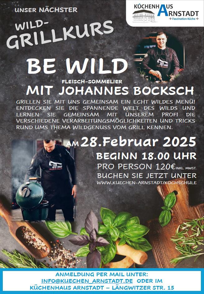 Plakat zur Wild-Grillkurs-Veranstaltung mit Fleisch-Sommelier Johannes Bocksch am 28. Februar 2025